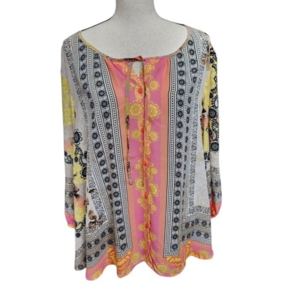 Valerie Stevens Blouse Size XL Flowy Boho Cool Ethnic Colorful